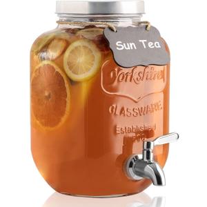 1 Gallon Drink Dispenser with Spigot 18/8 Stainless Steel  Airtight & Leakproof Glass Sun Tea Jar with Anti-Rust Lids, Beverage Dispenser for Parties - Laundry Detergent Holder (Single, Silver)