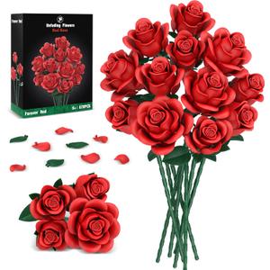 Red Roses Flower Bouquet Building Sets, 670Pcs Artificial Flowers Building Blocks Compatible with Lego Flowers Valentines Day Gifts for Her/Mom/Girlfriend/Wife/Couple Romantic Table Home Decor
