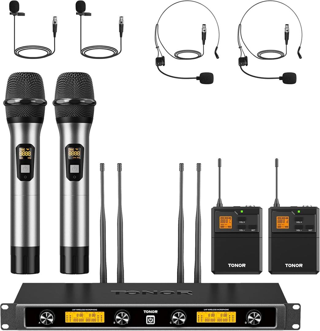 TONOR UHF Wireless Microphones System with Metal Cordless Handheld/ Headset/ Lavalier Lapel Mics, Bodypack Transmitter, Receiver, 4*10 Channels 295ft Range for Singing Karaoke Church Party DJ PA Speaker