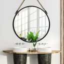 POZINO Round Mirror, 24 Inch Hanging Mirror with Rope, Circle Wall Mirrors, Black Frame Farmhouse Mirrors for Bathroom Bedroom Living Room Entryway Home Decor