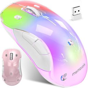memzuoix 2.4G LED Wireless Mouse, Rechargeable Ergonomic Mouse with Detachable Cover, 1200 DPI Portable Optical Computer Mouse with USB Receiver for Laptop, PC, Desktop and MacBook, 5 Buttons-Pink