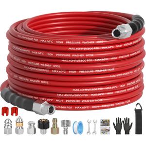 50FT Sewer Jetter Kit for Pressure Washer 5800PSI,1/4" NPT Drain Jetter Hose with 1/4" Quick Plug3 Sewer Jet NozzlesSpanners Teflon Tape Gloves and Spray Nozzle for Cleaning