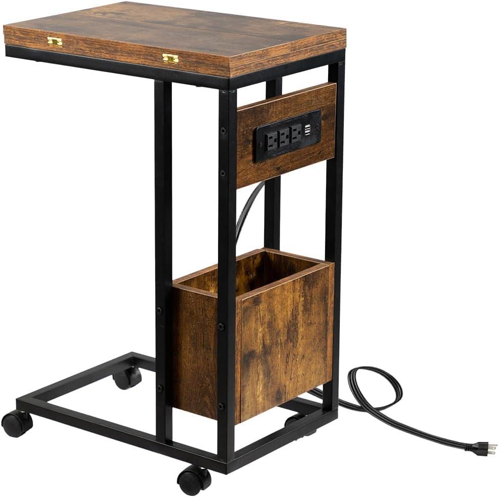 Hadulcet C Shaped End Table with Charging Station & Foldable Tabletop, Folding TV Tray Table with Storage, Laptop Table for Couch, C Table for Sofa, Living Room Bedroom Small Spaces, Rustic Brown