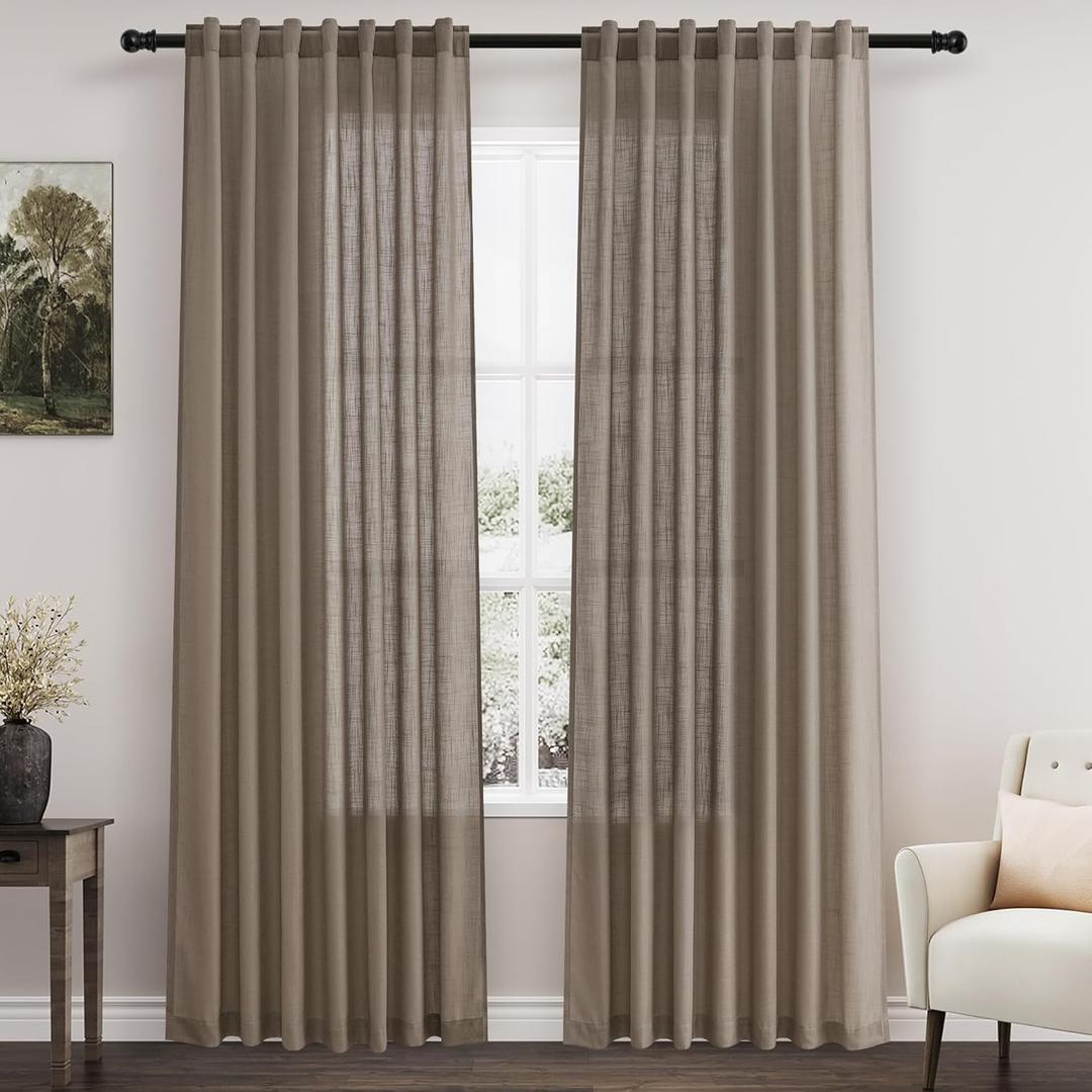 Dark Taupe Linen Curtains 84 Inches Long for Bedroom Back Tab Light Filtering Privacy Semi Sheer Curtains Modern Farmhouse Decor Dark Taupe Cotton Textured Curtain for Living Room 2 Panels 52x84