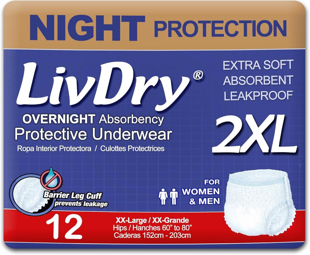 LivDry 2XL Overnight Adult Diapers for Women and Men, XXL Incontinence Underwear, 60-80" Waist, Disposable Pull-On Briefs, 12 Pack