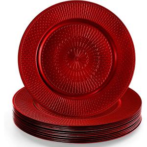 DEAYOU 12 Pack Red Charger Plate, 13-inch Beaded Chargers for Dinner Plates, Plastic Reusable Round Charger Platters for Wedding, Party, Event, Table Setting, Decoration, Holiday