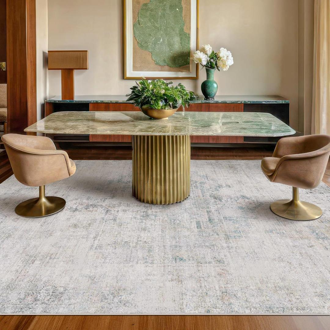 Farmhouse Dining Room Rugs for Under Table - 8x10 Washable Light Blue Area Rug for Living Room, Bedroom, Waterproof & Stain Resistance