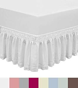 QSY Home Wrap Around Elastic Eyelet Bed Skirts Dust Ruffle Three Fabric Sides Easy On/ Easy Off Adjustable Polyester Cotton 14 1/ 2 Inches Drop(White Twin/ Full)