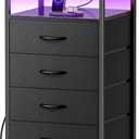 Huuger Night Stand with Charger Station and LED Lights, 4 Drawer Nightstand, Bed Side Table with Open Shelf, End Table, Fabric Dresser for Bedroom, Black