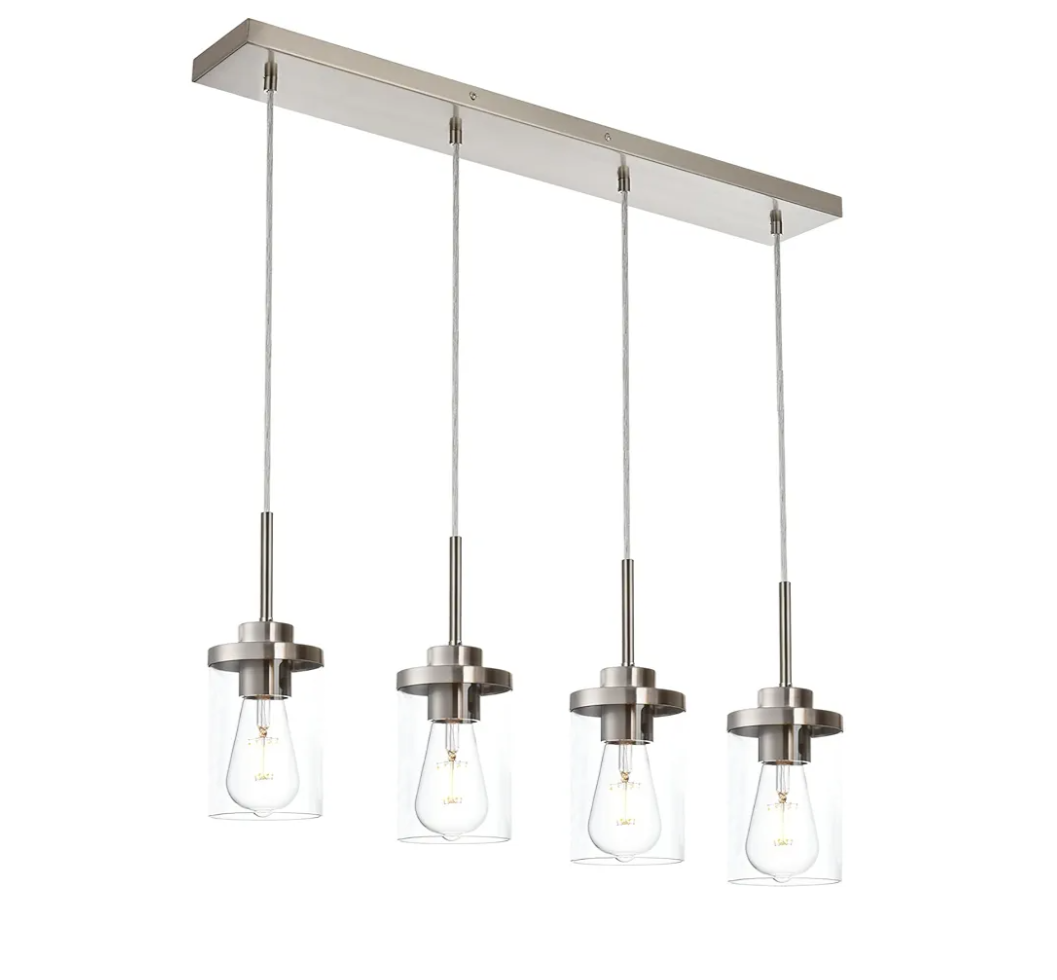 Kitchen Island Lighting with Clear Glass 4-Light Dining Room Light Fixtures Industrial Chandeliers Black Hanging Light for Kitchen Pool Table Lights Height Adjustable, 31.1inch Length