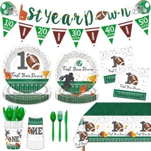 171 Pcs First Year Down Football Birthday Party Plates Decorations Disposable Paper Plates Napkins Cups Cutlery Tablecloth and Banner for Football Birthday Theme for Kids Boys, Serves 24