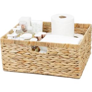 Jumbo Wicker Basket, Rectangular Wicker Baskets for Storage, Water Hyacinth Extra Large Storage Baskets, Shelf Basket with Built-in Handles-1 Pack (Natural)