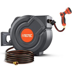 130FT Retractable Garden Hose Reel 1/2 Inch, Heavy Duty Wall Mounted Water Hose with Metal Bracket, Auto-Lock, Slow Return, 180° Swivel & 9-Pattern Spray Nozzle, UV Resistant Outdoor