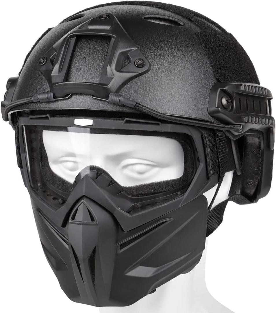 Airsoft Helmet and Mask, Full Face Mask with Detachable Goggles, Paintball Black Helmet with NVG Mount and Side Rail, Military Tactical Gear (PJ-DH-Clear) Airsoft Helmet and Mask, Full Face Mask with Detachable Goggles, Paintball Black Helmet with NVG Mount and Side Rail, Military Tactical Gear (PJ-DH-Clear)