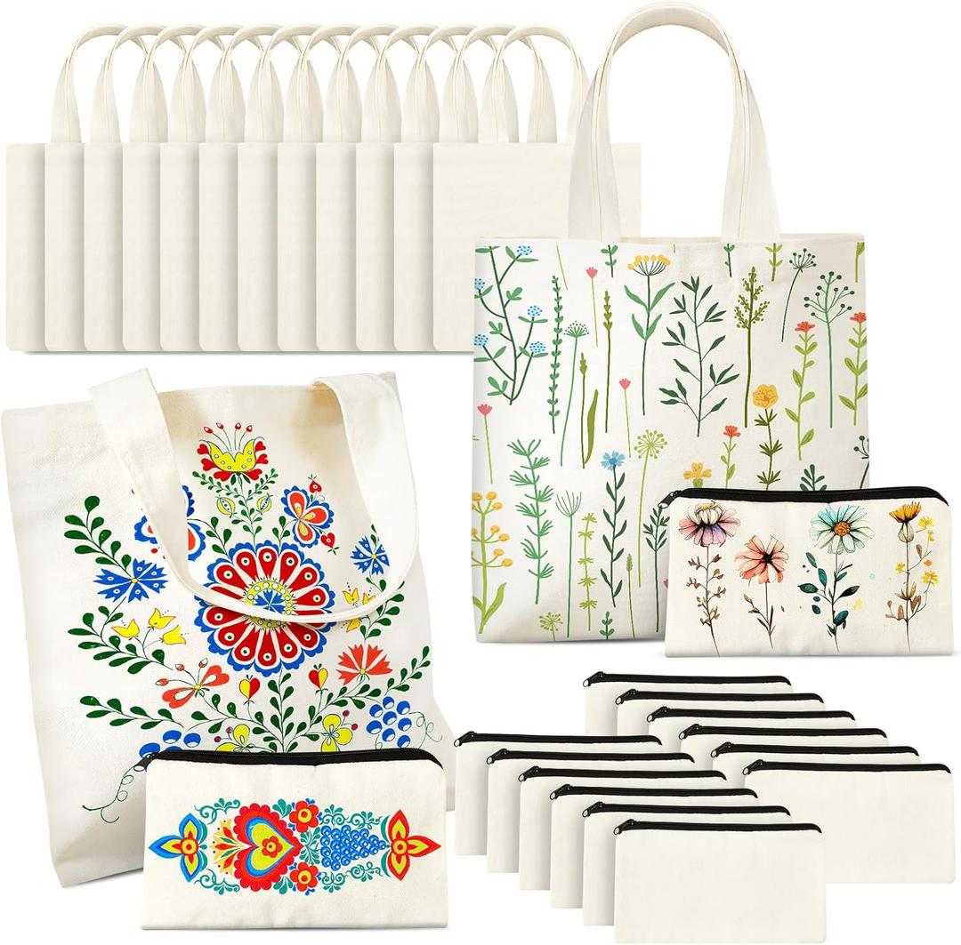 Amylove 12 Pcs Mini Canvas Tote Bag Set Include Small Canvas Bag Blanks Small Pouches with Zipper for Sublimation (10 x 10,Natural Color)