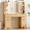 Vanity Desk with Large 27.2" Mirror and Lights 47.2" Fluted Makeup, 5 Drawer Vanity with Power Strip, 4 Open Shelves, 2 Cabinet, Modern Bedroom Vanity Featuring Visual Transparent Glass. Wood