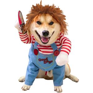 Dog Halloween Costume,Funny Chucky Dog Costume with Pet Wig,Cosplay Scary Outfit with Knife Clothes for Dogs (Small)