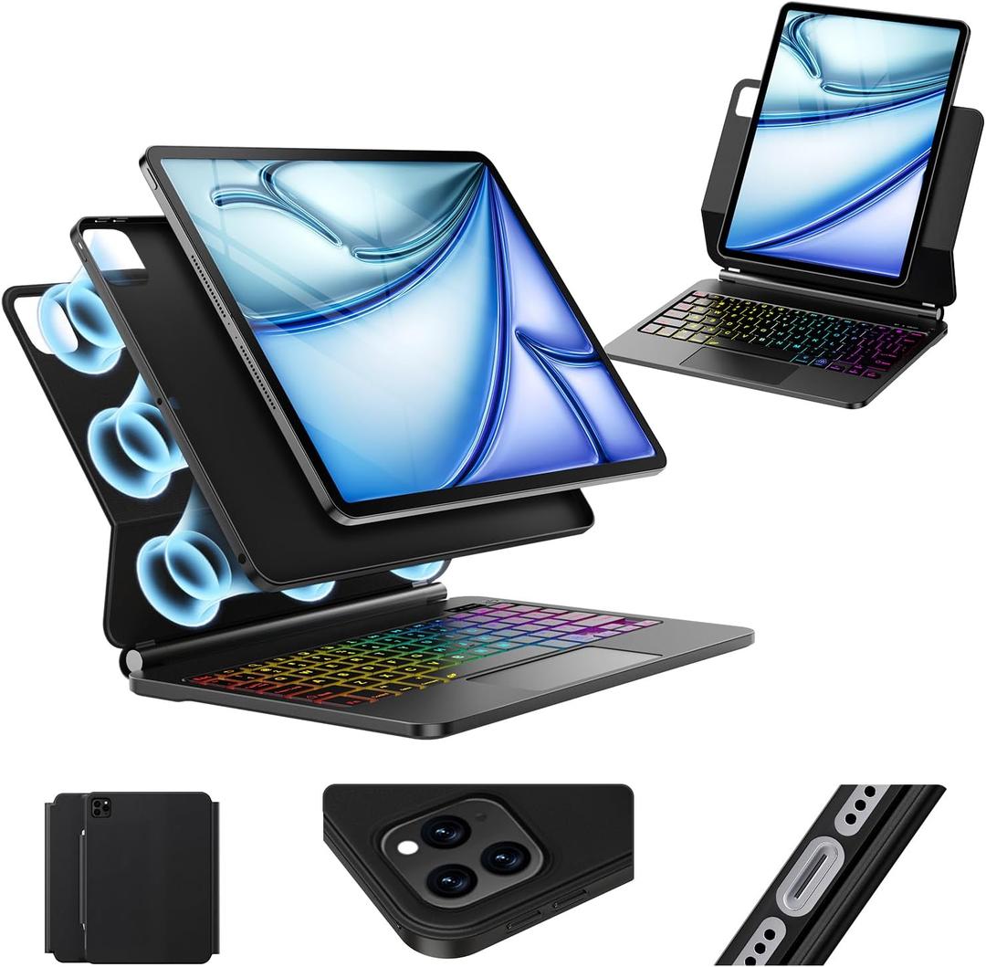 Keyboard Case for iPad Air 13 inch (M4/2026 /M3 2025/M2, 2024),iPad Pro 12.9 inch (3/4/5/6th Gen)Easy-Set Magnetic Stand 7-Color Backlit - Removable Cases with Multi-Touch Trackpad Keyboard