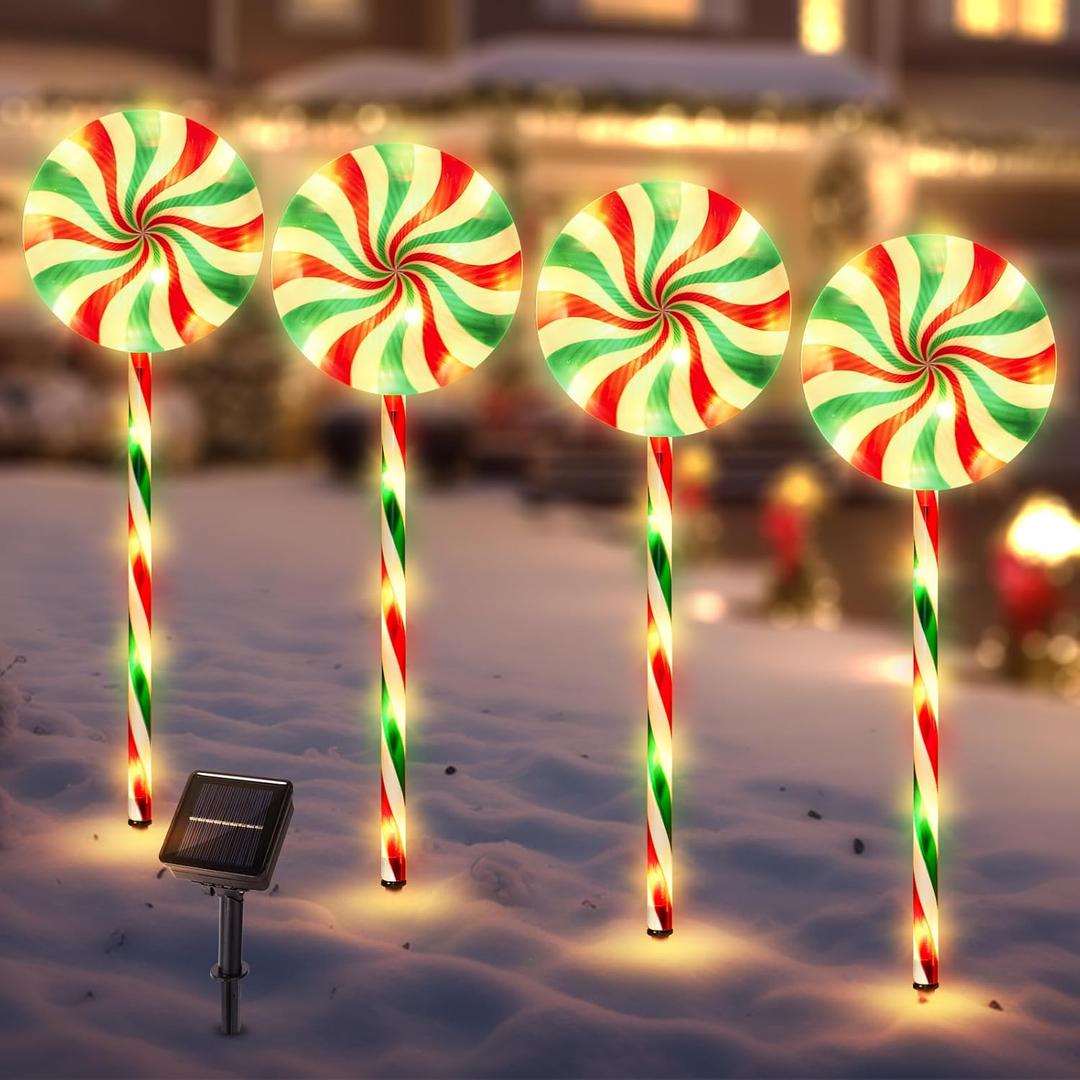 BRIGHTDECK Solar Lollipop Christmas Pathway Lights, Set of 4 Lollipop Stake Lights, 8 Lighting Modes Solar Christmas Decorations, LED Christmas Lights Outdoor Waterproof for Holiday, Walkway, Yard (B)