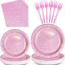 Grencian 96Pcs Pink Pastel Party Supplies Light Pink and White Plates and Napkins Tableware Set Rainbow Birthday Decorations for Girls Women Sprinkle Bride Shower Wedding Anniversary Party Serves 24