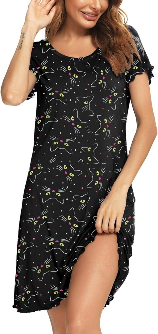 Womens Short Sleeve Sleepshirt Scoopneck Cute Nightdress Ruffle Comfy Nightgown (Small, Black Cat)