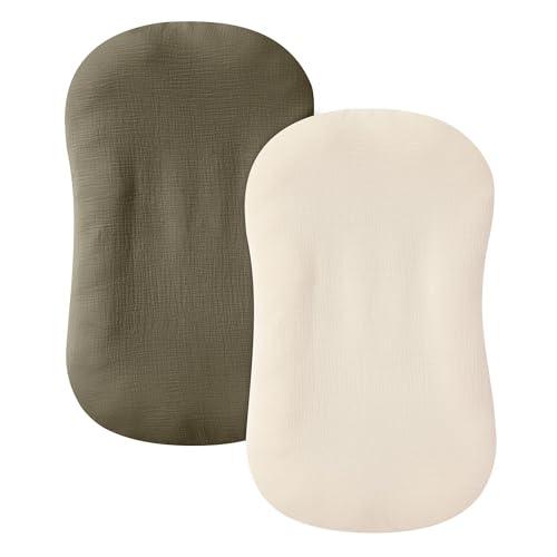 guruixu Muslin Baby Lounger Cover 2 Pack, 100% Cotton Infant Lounger Cover, Soft & Breathable Replacement Slipcover, Compatible with Snuggle Me Newborn Lounger (Dark Olive,Cream)