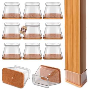 Chair Leg Floor Protectors Rectangle Chair Leg Protectors for Hardwood Floors Silicone Caps Felt Furniture Pads Covers Anti-Scratch Reduce Noise 32 Pack Clear Fit Perimeter 3-3/4'' to 4-7/8''