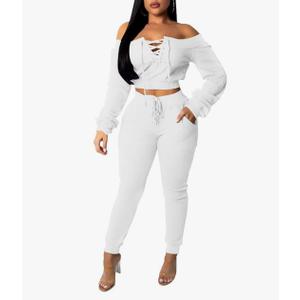 Acelyn Sexy 2 Piece Outfits for Women Off Shoulder Lace Up Long Sleeve Crop Top Pants Sets Tracksuit Casual Sweatsuit , size Small