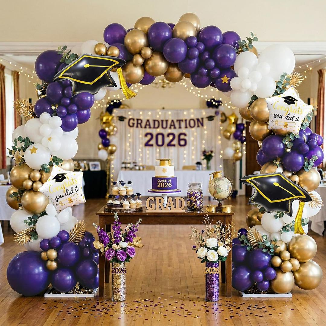 130Pcs Graduation Balloon Arch Kit Purple Gold White Garland Decoration with Graduation Cap Star Foil Balloons for Class of 2026 Party Prom Decorations Supplies