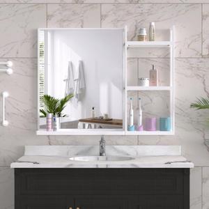 WONSTART White Metal Framed Bathroom Mirror with Shelf, 24.4 X 31 in Rectangular Wall Mounted Bathroom Vanity Mirror, Modern Bathroom Mirror with Storage for Over Sink, Entryway (White)