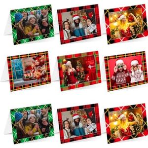 Motiskyy 100 Set Christmas Photo Frame Greeting Cards with Envelopes and Stickers Bulk Christmas Picture Cards with 4 x 6 Photo Insert Xmas Holiday Party Greeting Supplies(Plaid)