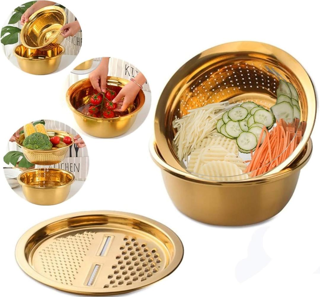 Stainless Steel Multifunctional Gold Colander set of 2, Large Capacity Kitchen Strainer Utensil for Washing Vegetables, Fruit and Potato Carrot Grater
