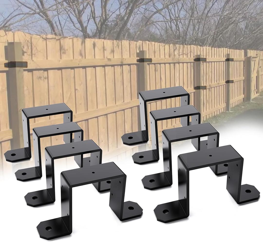 8 PCS Heavy Duty Metal 4x4 Post Brackets, 12 Gauge 4" x 4" Strap Post Ties, Thick 2.55 mm Black Powder Coated Steel Strap Ties for Wood Deck Fence & Pergola (Screws Not Included)