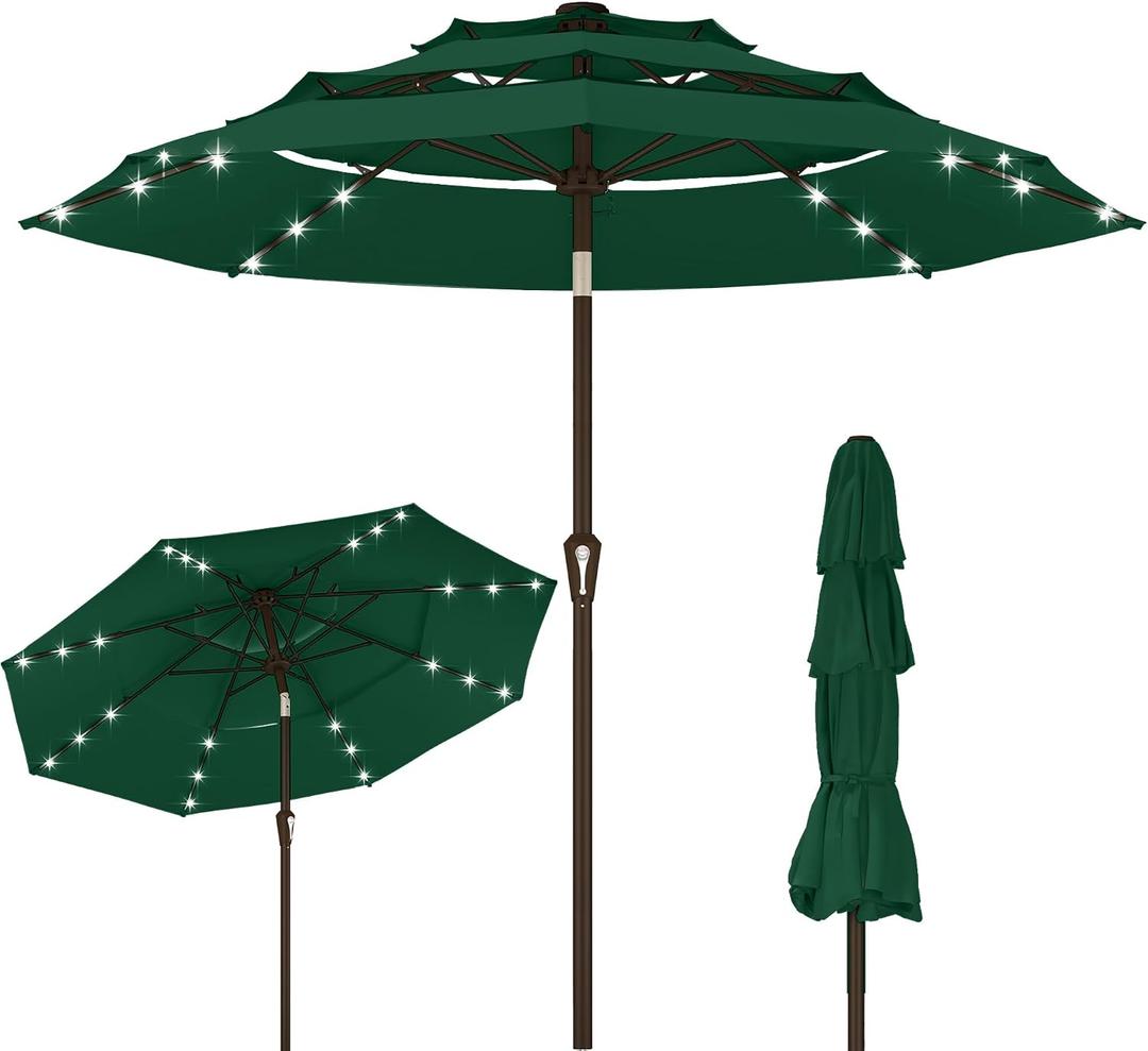 Kingdura 9ft 3-Tier Patio Umbrella with Solar Lights, Table Umbrella Outdoor Patio with Easy Crank & Tilt, 8 Sturdy Ribs, UV Protection, 32 LED Lights for Deck, Poolside, Market (Dark green)