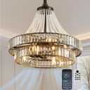 24" Modern Crystal Caged Fandelier, Smart Chandelier Fan with Remote and APP Control, Double Layer Ceiling Fan with Light for Dining Living Room Bedroom, Italian Design-Black Gold