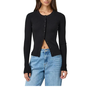 Women Ribbed Cardigan Long Sleeve Round Neck Button Up Slim Fit Knit Sweater Going Out Tops Streetwear, Large