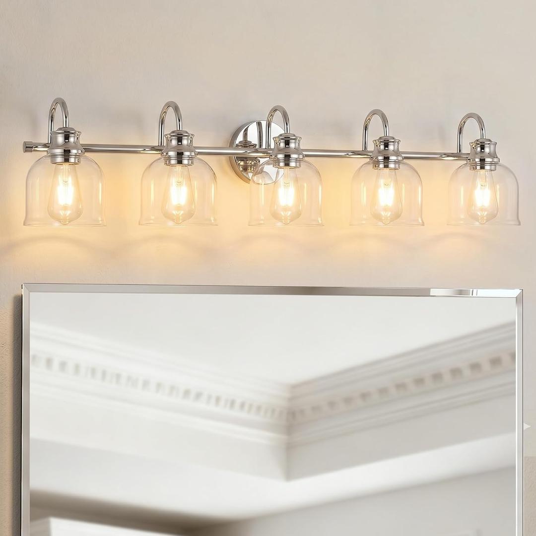 URSOLA 5 Lights 40" Bathroom Vanity Light Fixtures, Chrome Traditional Classic Vanity Light with Clear Glass, Bathroom Lighting Fixtures Over Mirror