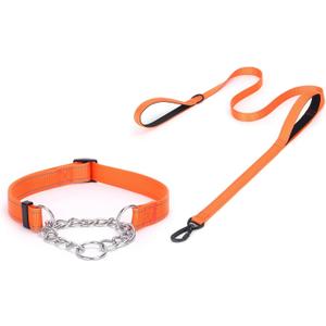 haoyueer Martingale Dog Collar with Stainless Steel Chain and Leash Set, Martingale Collar with Reflective, 5FT Double Handle Dog Leash Padded, Adjustable for Medium Large Dogs (L, Orange)
