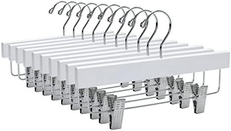 Quality 11 Inches Kids Wooden Pants Hangers 3 Pack - Skirt Hangers with Adjustable Metal Clips 360° Swivel Chrome Hook & Nonslip Notches- Ideal for Clothes Size 8 and Smaller (White, 3)