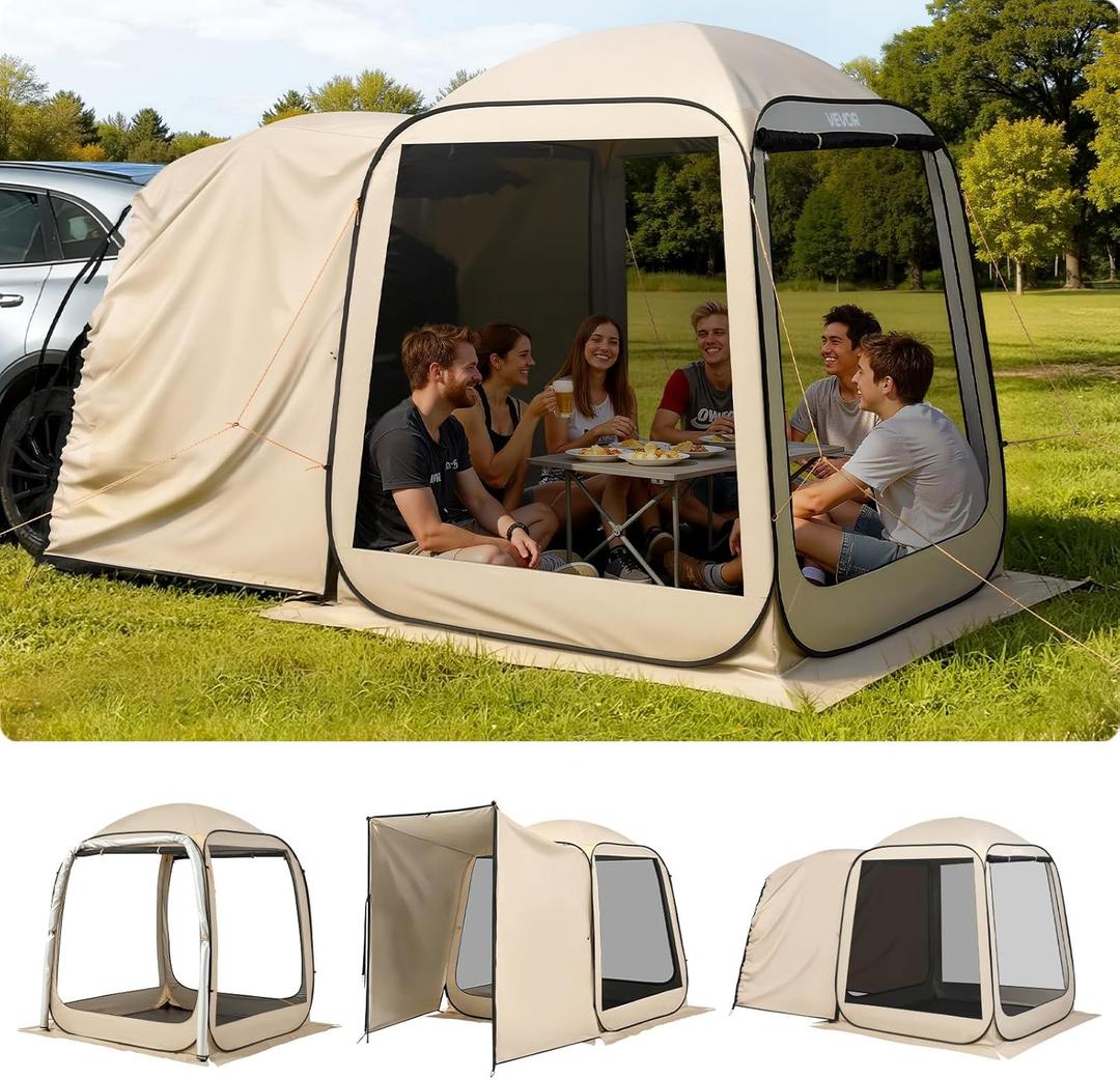 VEVOR SUV Tailgate Tent, 6 x 6 ft Pop-Up Screen House Canopy for 46 Person, Portable Screened Shelter with Carry Bag, for Car Camping, Backyard, Patio, Outdoor Activities