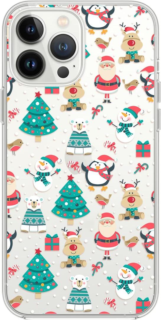 Blingy's for iPhone 13 Pro Max Case (6.7 inch), Christmas Pattern with Santa Style Reindeer Snowman Design Transparent Soft TPU Protective Clear Case (Santa Mix)