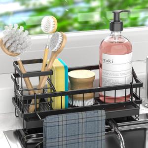 Sponge Holder for Kitchen Sink - Countertop Rustproof Stainless Steel, Kitchen Gadgets Accessories, Sink Caddy (Black)