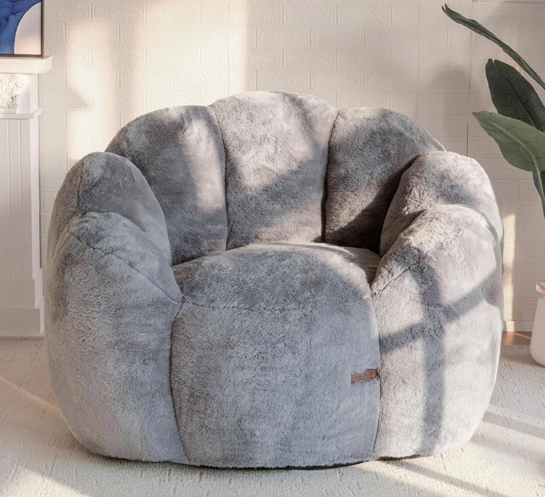 MAXYOYO Bean Bag Chair for Adults, Floral Shaped Bean Bag Sofa, Ultra Soft Faux Fur Floor Sofa, Large Reading Chair for Living Room Bedroom, Dark Grey, Single | 40"D x 42"W x 29"H