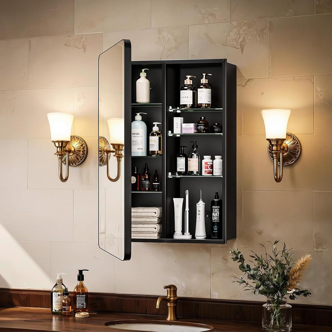 20x30 Inch Medicine Cabinet, Matte Black Aluminum Bathroom Mirror Cabinet with Storage, 6 Adjustable Glass Shelves, Rust Proof, Recessed or Surface Mount Wall Cabinet, Soft Close Hinges