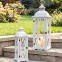Perfnique Farmhouse Outdoor Lanterns for Patio, Set of 2 White Rustic Lanterns Decor, Vintage Hanging Candle Holder Decorative for Porch, Garden, Yard, Indoor (No Glass)
