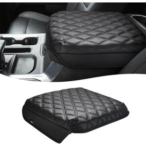 KBH Center Console Armrest Cover for Chevy Silverado & GMC Sierra 2019-2025, Tahoe & Suburban & Yukon 2021-2025, Vinyl Leather Trim, Bucket Seat, Black-Double Stitch