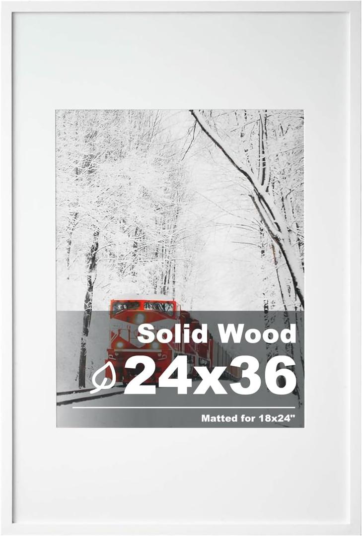 Egofine 24x36 Solid Wood Picture Frame, Made of Solid Wood Covered by Plexiglass 18x24 with Mat 24x36 without Mat, Poster Frame for Wall Mounting Photo Frame Vertically or Horizontally, White