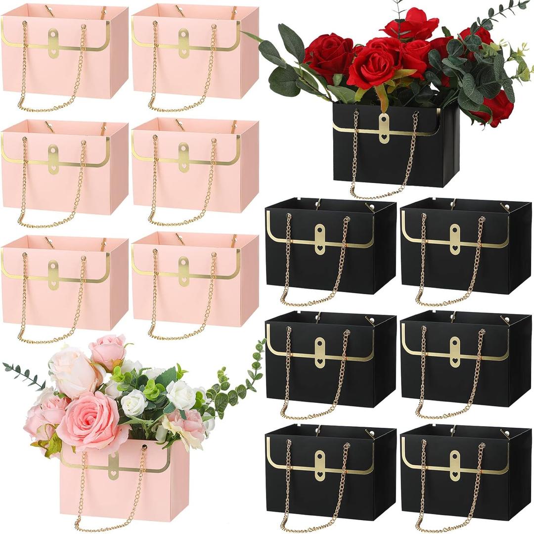 Lincia 12 Pcs Mother's Day Pink and Black Flower Box Wedding Flower Paper Gift Bag Bouquet Boxes with Handle Boxes for Arrangements Bouquet Wrapping Paper for Mother's Day Wedding baby shower