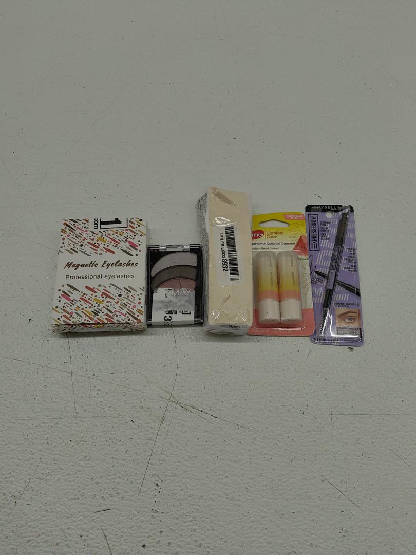 EMEDA Natural Look Magnetic Eyelashes Kit 2 Pairs; Almay Shadow Trio Palette; Relief Sun Organic sunscreen SPF50; Maybelline Express Brow Ultra Slim Eyebrow Makeup; Carmex Comfort Care Lip Balm Stick