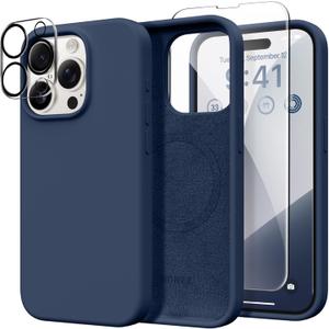 GONEZ for iPhone 15 Pro Max Case Silicone, Compatible with Magsafe, 2X Camera Protector + 2X Screen Protector, Soft Anti-Scratch Microfiber Lining, Liquid Silicone Shockproof Phone Cover, Dark Blue